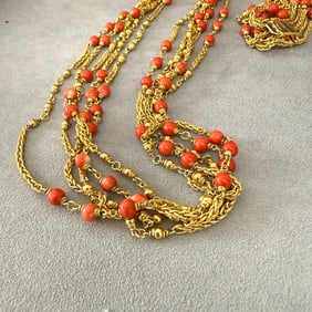 1960's Coarl And 18K Yellow Gold Multi Strands Necklace