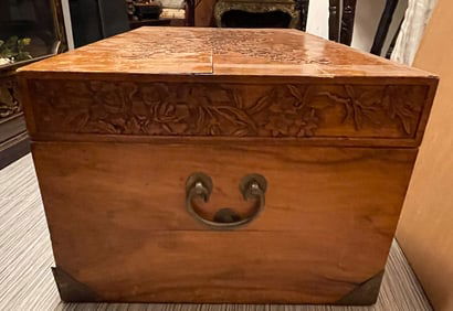 Chinese Large Carved Wood Painting Storage Trunk in Golden Thread Nanmu, 19th/20th Century