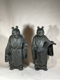 Pair Japanese Signed Bronze Figurines, Meiji Period