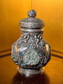 Chinese Silver Vase with Jade Insert, 19th Century