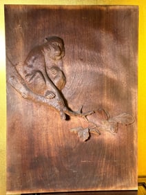 Japanese Carved Wood Plaque with Monkey Motif, Meiji Period