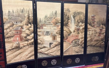 Japanese Stunning Embroidery Floor Screen with Landscape Palace Scene, Meiji Period