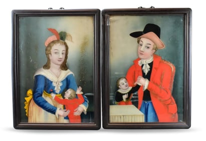 Pair Chinese Export Reverse Mirror Painting with European Figurine