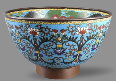 Chinese Cloisonne Bowl with Dragon and Lotus Scene