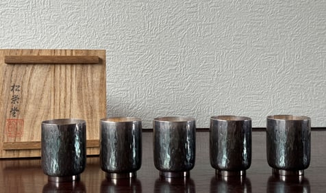Five Japanese Sterling Silver Sake Cups by Song Ru Tang