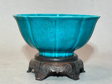 Chinese Turquoise Porcelain Bowl with Incised Dragon Motif