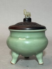 Chinese Celadon Porcelain Censer with Jade Finial, Ming Dynasty