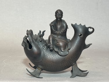 Japanese Meiji Bronze Censer Shoulao on Dragonfish, Meiji Period