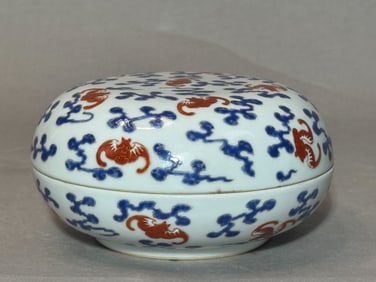 Chinese Porcelain Round Box with Bat Scene