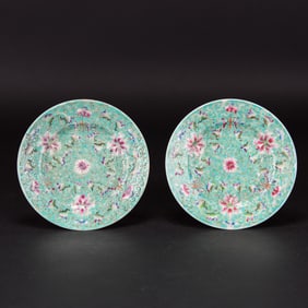 Pair of Turquoise Ground 'Lotus' Dishes, Republic Period