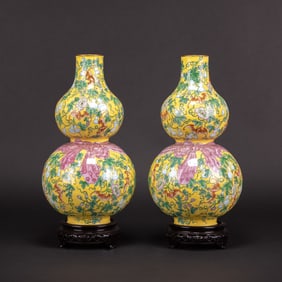 Pair of Enameled Double-Gourd Bronze Vases with Bases, Republic Period