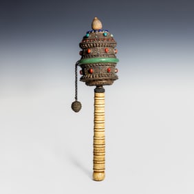 Tibetan Silver, Jadeite and Gemstone Prayer Wheel