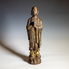 Chinese Gilt Cast Iron Figure of a Standing Monk,