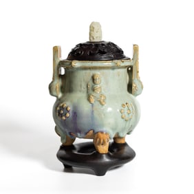 Chinese Jun-Style Tripod Censer with Cover and Base
