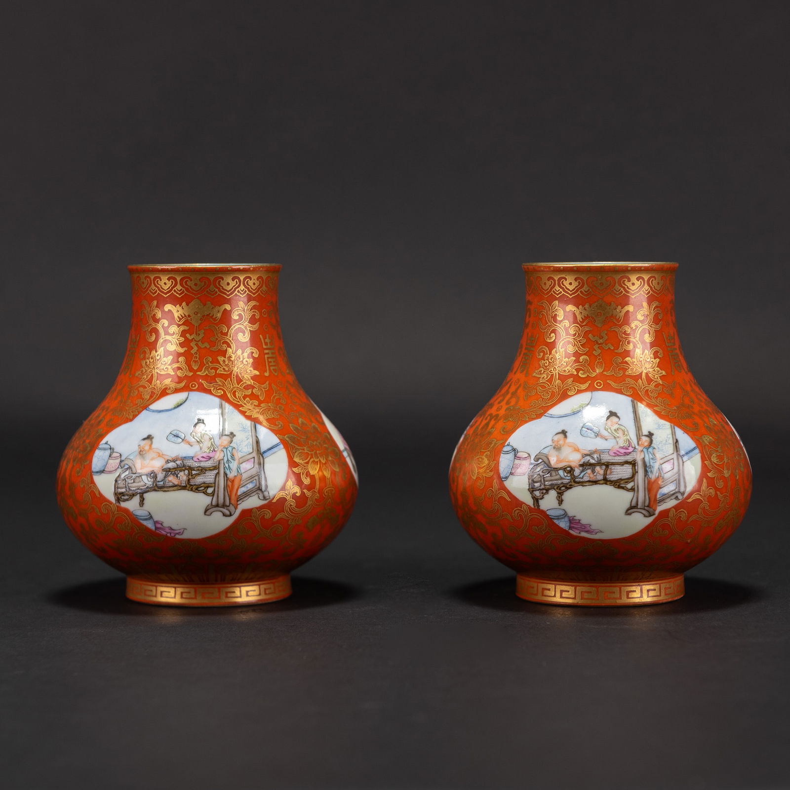 Pair of Gilt-Decorated Coral Grond 'Figural' Vases, 19th/20th Century (1 of 7)