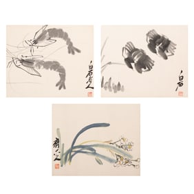 After Qi Baishi, Three Chinese Paintng, Orchid, Crabs and Shrimp