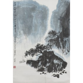 Qing Lingyun (1914-2008) - Chinese Painting Scroll of Landscape