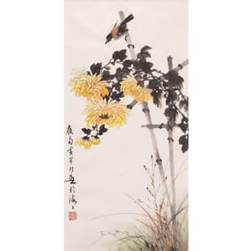 Huang Huanwu (1906 - 1985) - Chinese Painting of Chrysanthemum and Bird