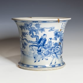 Chinese Blue and White 'Figural' Brush Pot, Xuande Mark, 18th Century