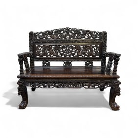 Chinese Carved Hongmu Bench with Dragon