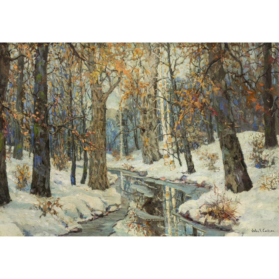 Painting, John Fabian Carlson: John Fabian Carlson (American/Swedish, 1875-1945), Untitled (Wooded Snow Scene), oil on masonite, signed lower right, board: 24"h x 34.5"w, overall (with frame): 31.5"h x 42"w