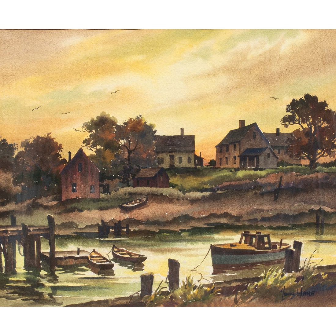 Watercolor, John Cuthbert Hare: John Cuthbert Hare (American, 1908-1978), Untitled (Sunset on a Lake), watercolor, signed lower right, sight 9.75"h x 12"w, overall (with frame): 20.5"h x 22.5"w