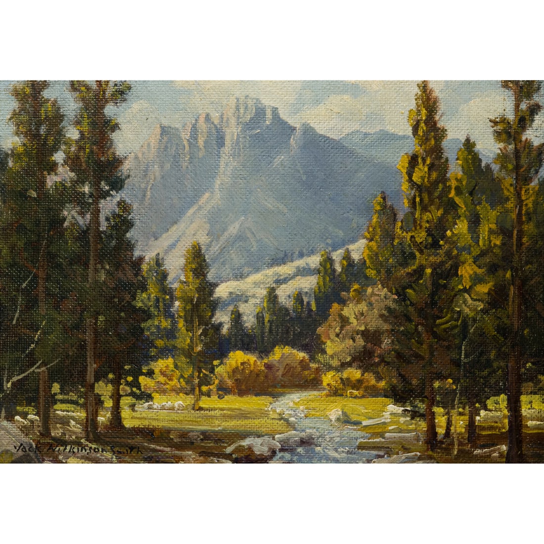 Painting, Jack Wilkinson Smith: Jack Wilkinson Smith (American, 1873-1949), Untitled (Mountain Vista), oil on masonite, signed lower left, board: 10.5"h x 14.75"w, overall (with frame): 15.75"h x 20"w
