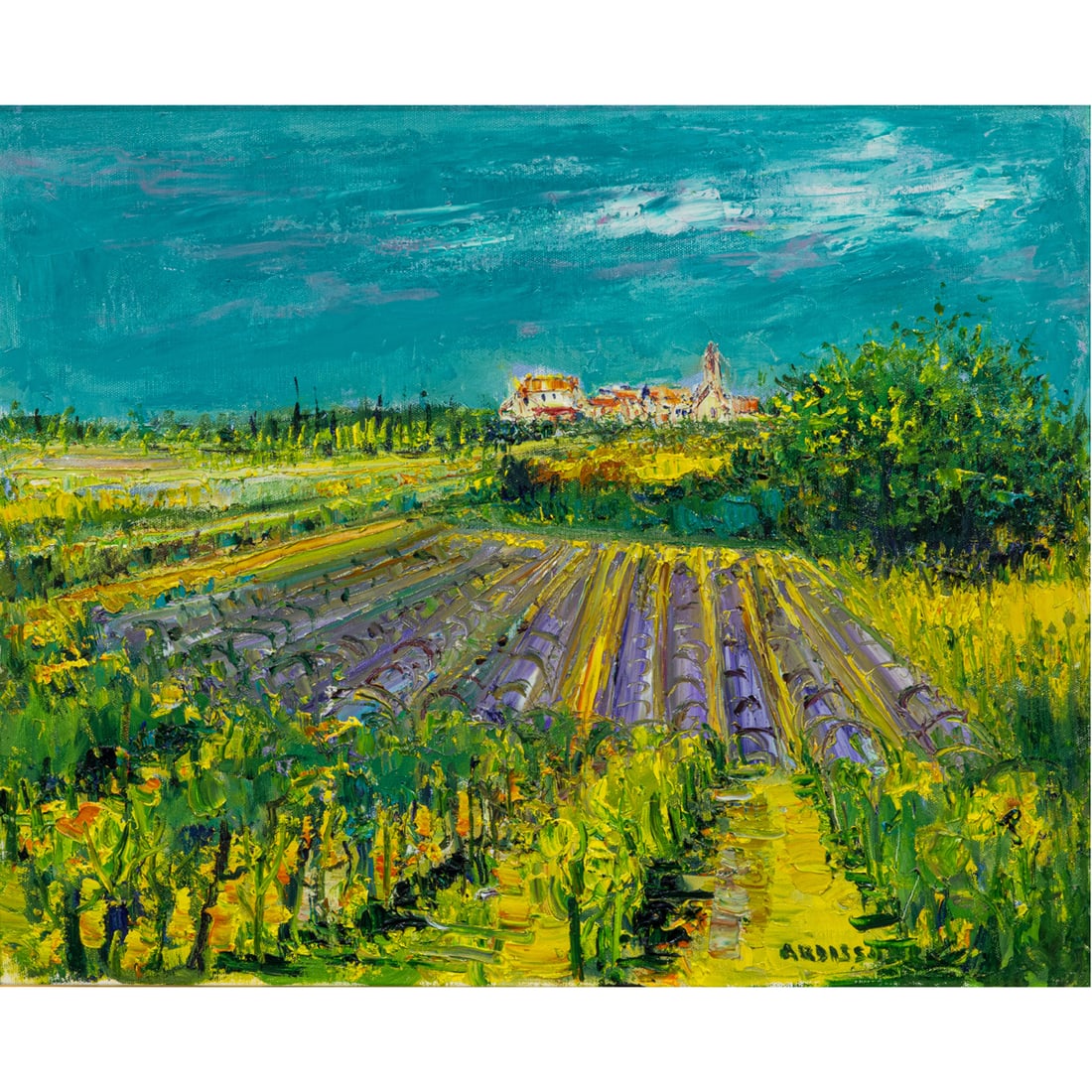 Painting, Yolande Ardissone: Yolande Ardissone (French, 1927-2024), European Vineyard, oil on canvas, signed lower right, canvas: 19.75"h x 24"w, overall (with frame): 29.5"h x 33.75"w