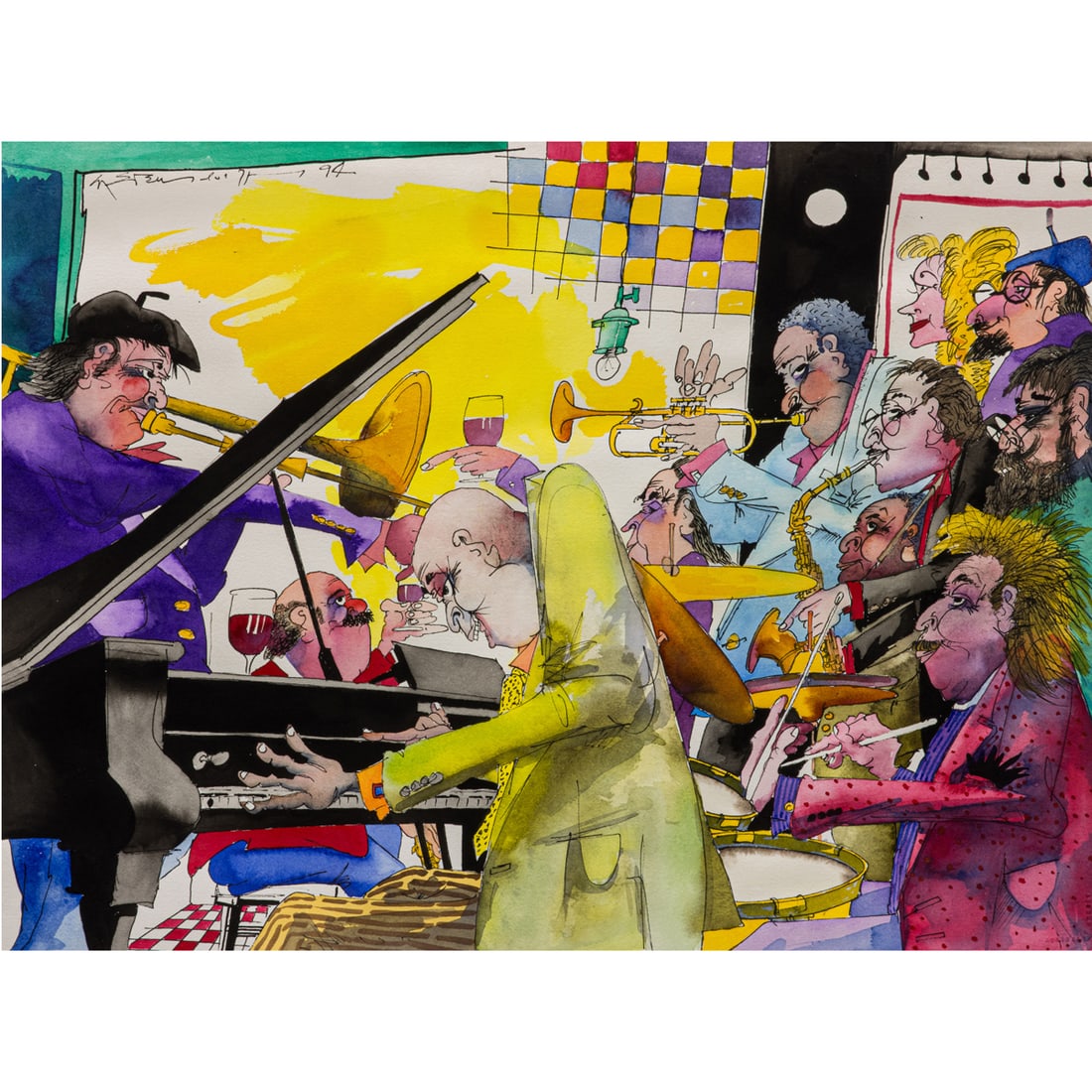 Watercolor, Leo Meiersdorff: Leo Meiersdorff (American, 1934-1994), The Band, 1994, watercolor and ink on paper, signed and dated upper left, sheet (unframed): 22.25"h x 30"w