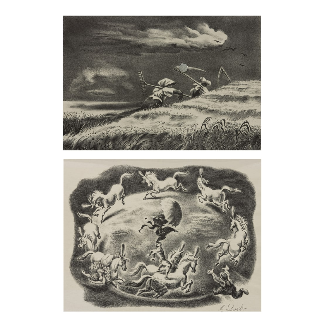 Prints, George Schreiber: (lot of 2) George Schreiber (American, 1904-1977), "Going Home" and "Circular Motion," lithographs, each pencil signed lower right, images: 9.25"h x 13.5"w/10.25"h x 13.5"w, overall (with mat/each): 1