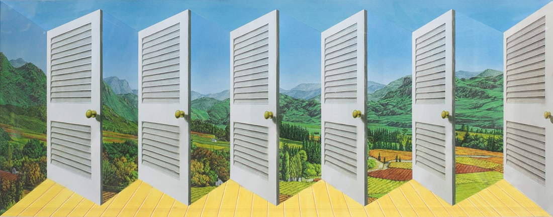Print, Patrick Hughes: Patrick Hughes (British, b. 1939), "Shutters," 2003, 3 dimensional hand colored lithograph, pencil signed lower right, edition 10/45, overall (with plexibox frame): 18"h x 38"w x 6"d