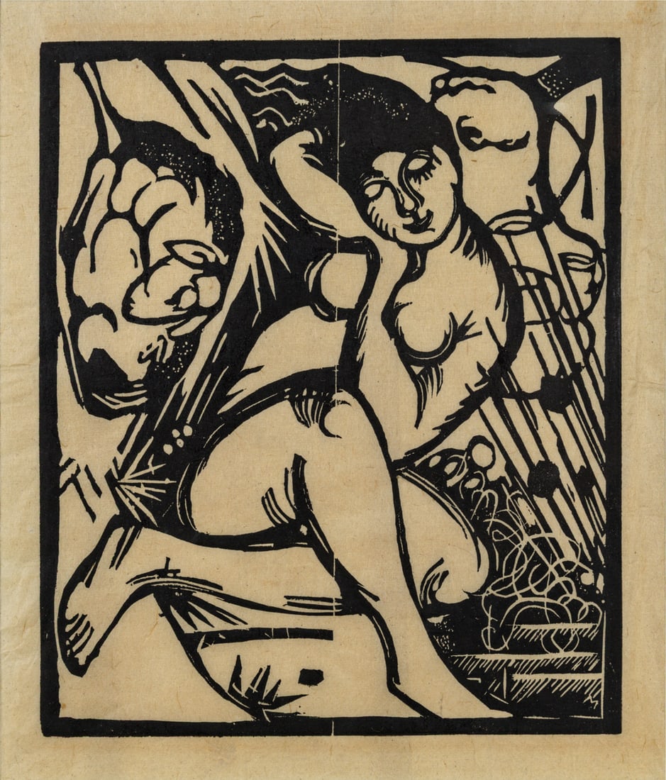 Print, Franz Marc: Franz Marc (German, 1880-1916), "Schlafende Hirtin," 1912, woodcut on Japan paper, pencil signed and titled by Maria Marc (artist's wife) verso, stamped "handdruck vom originalholzstock bastatigt" ver