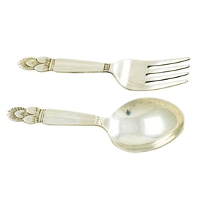 A Georg Jensen sterling toddler fork and spoon set in the Cactus pattern  4" l