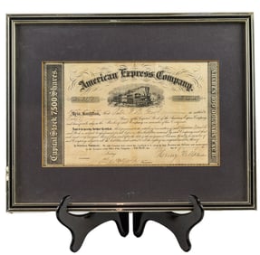 A framed Stock certificate for "American Express Co" dated 21 Jan 1859, signed by William Fargo,