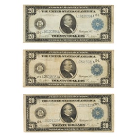 Three FR 1011 b currency $20 Federal Reserve Notes, San Francisco (R-L) Blue Seal