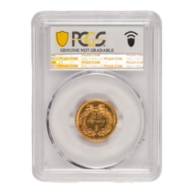 An 1854 $3 gold coin, NGC AU details