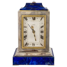 A very fine Cartier silver plated, lead glass and lapis lazuli case clock circa 1930