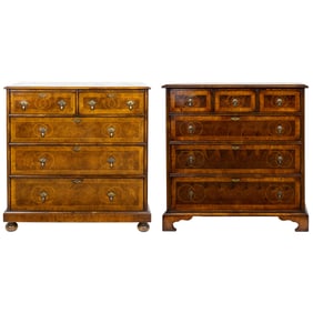 An assembled pair of William and Mary style oyster veneered chest of drawers