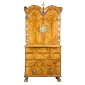 A William and Mary walnut and burl walnut double dome secretary cabinet