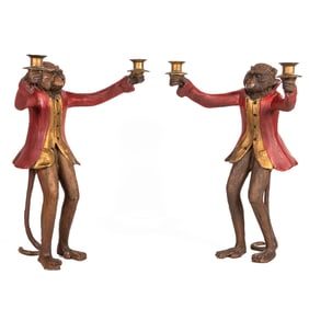 A pair of whimsical Bill Huebbe (1929-2013) resin monkey candelabra in the Hollywood Regency taste