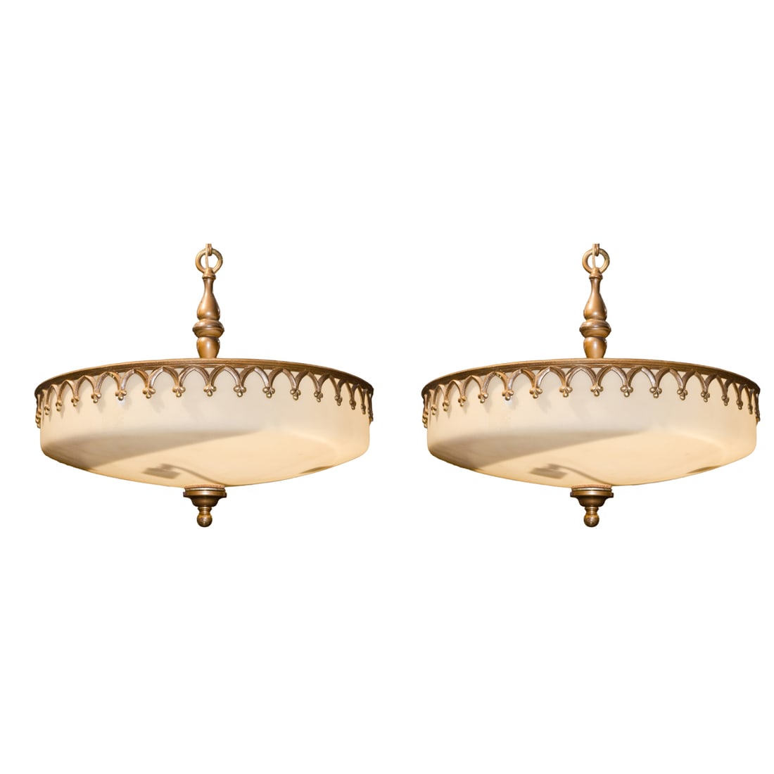 A pair of Gothic Revival style metal and glass hanging light fixtures circa 1930 (1 of 3)