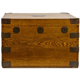 A large Victorian brass bound oak silver canteen or trunk