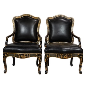 A pair of J. Robert Scott lacquered and leather upholstered 'Portuguese' armchairs