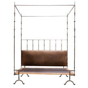 A Gregorius Pineo iron and leather canopy bed