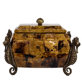 A Maitland Smith brass mounted faux tortoiseshell lacquer table box