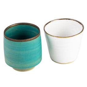 Two Lucie Rie Style Pottery Sake Cups