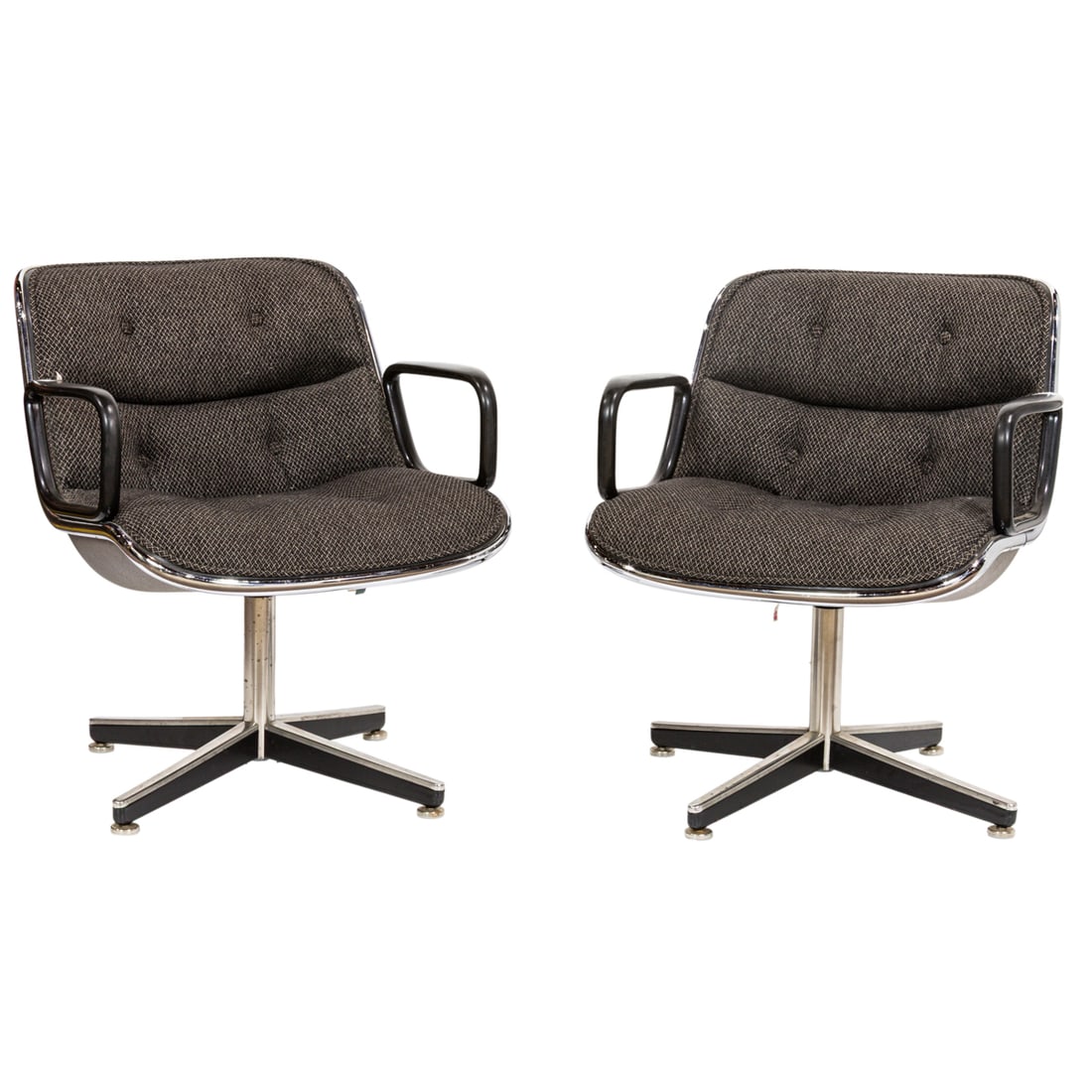 A pair of Charles Pollock for Knoll Executive swivel armchairs: A pair of Charles Pollock for Knoll Executive swivel armchairs, each with polished aluminum and black hardshell frame with tufted cushion wool fabric, raised on four-star aluminum base, factory label