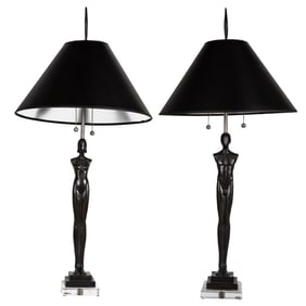 A pair of Tom Corbin patinated bronze 'Eden' figural table lamps