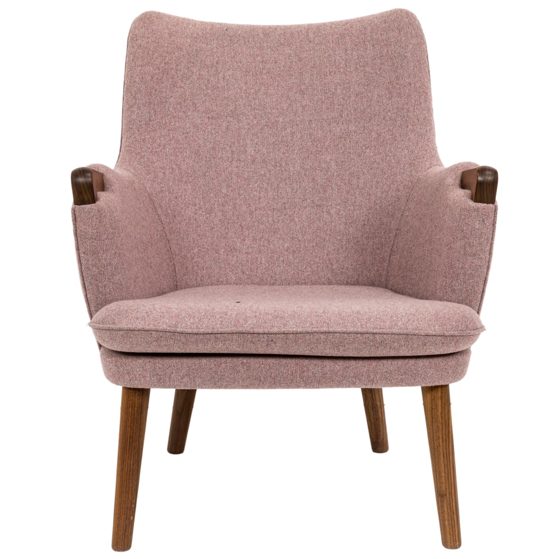 A Hans Wegner for Carl Hansen & Son AP 20 chair: A Hans Wegner for Carl Hansen & Son AP 20 chair, modern, metal factory label with serial number 1036427, upholstered in heathered lilac wool fabric, 33"h x 27"w; 17"h x 20"d (seat)