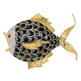 A Cherny enamel and 18k gold brooch